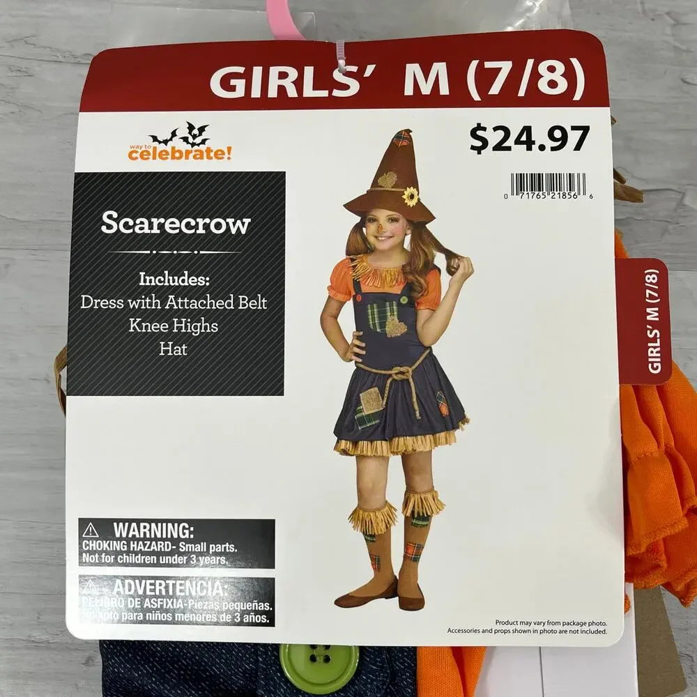 Sweet Scarecrow Girls Halloween Dress Up 3 Piece Costume Medium 7/8